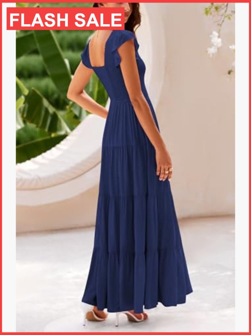 Women's Smocked Flowy Maxi Dress V-Neck Cap Sleeve A-Line Summer - Picture 2 of 7